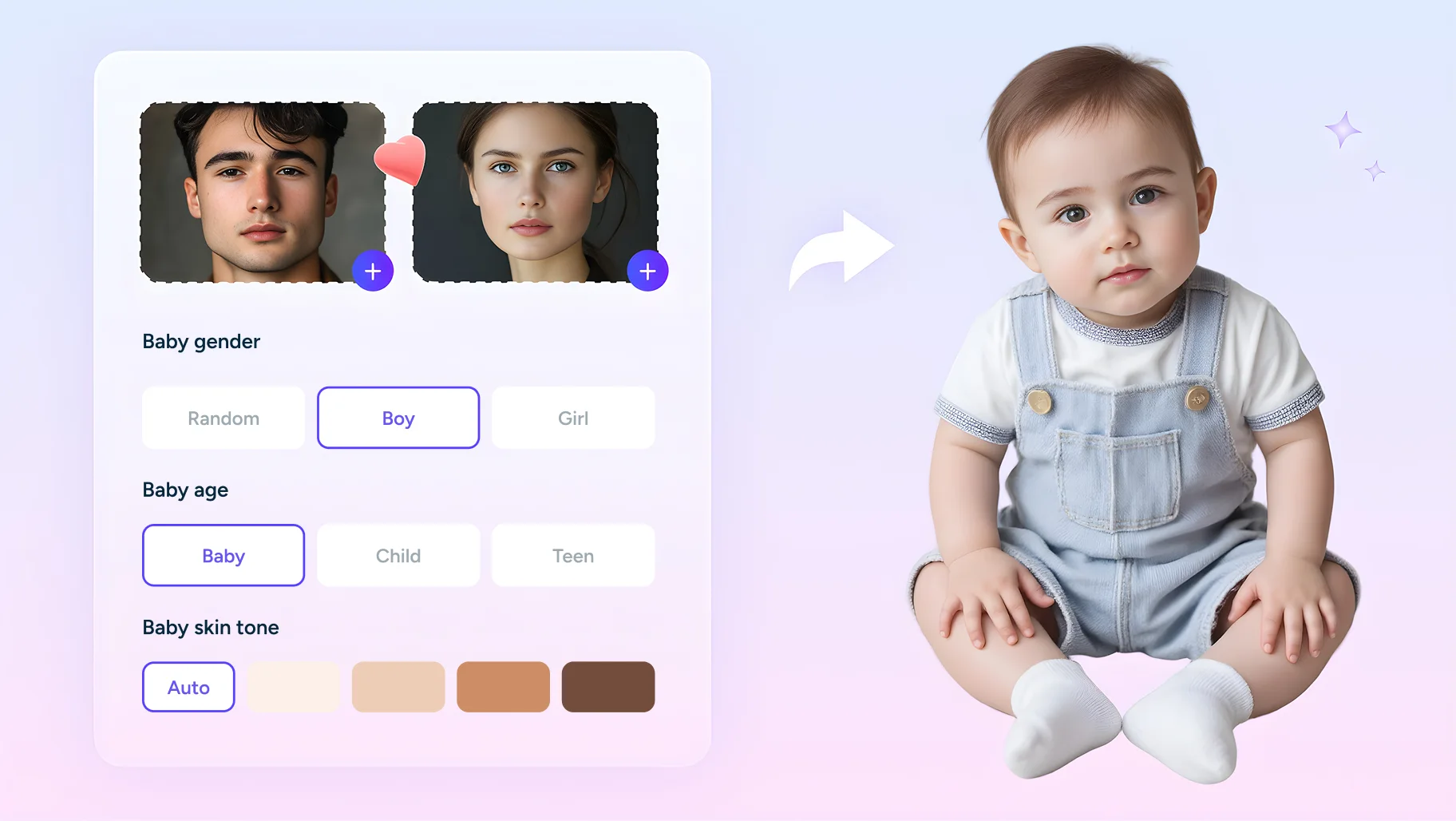 une image de bébé garçon générée en téléchargeant des images des parents et en sélectionnant le sexe et l'âge dans AI Ease