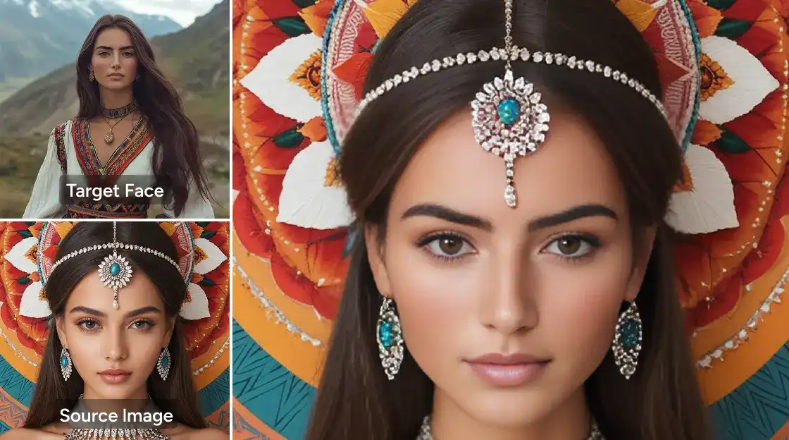 Effets avant et après d'une femme échangeant son visage avec un modèle de costume indien dans AI Ease, échangeur de visage gratuit