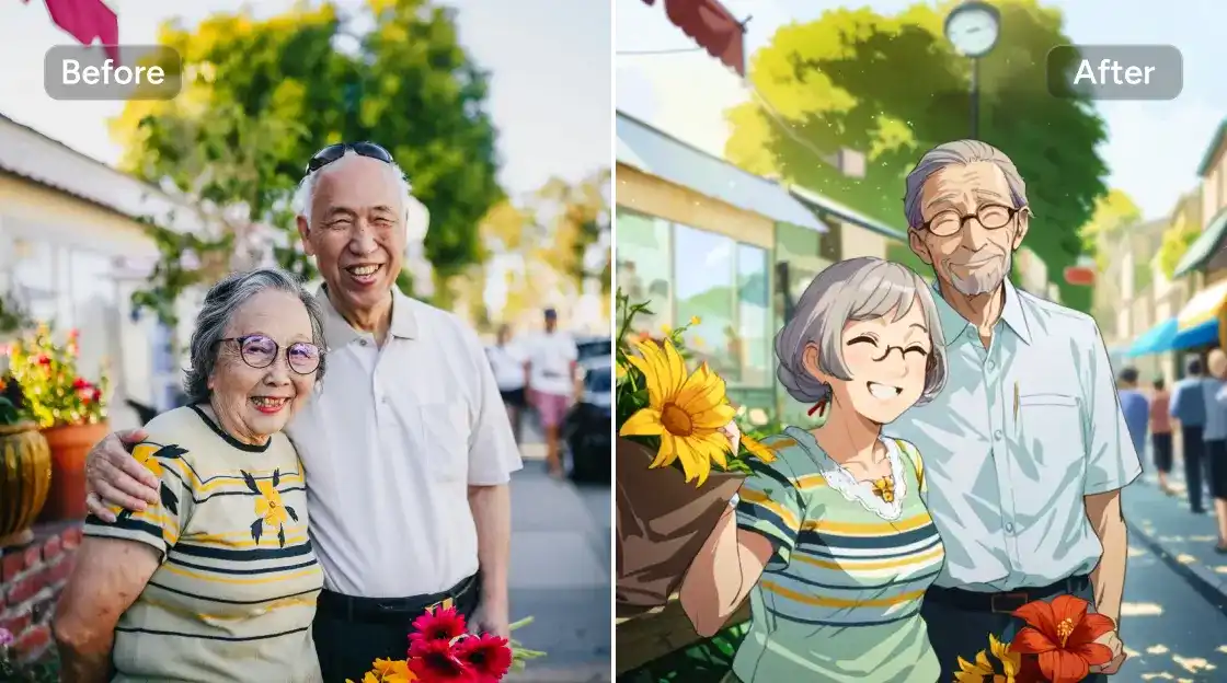 effets avant et après la conversion d'une image d'un vieil homme tenant un partenaire en style anime