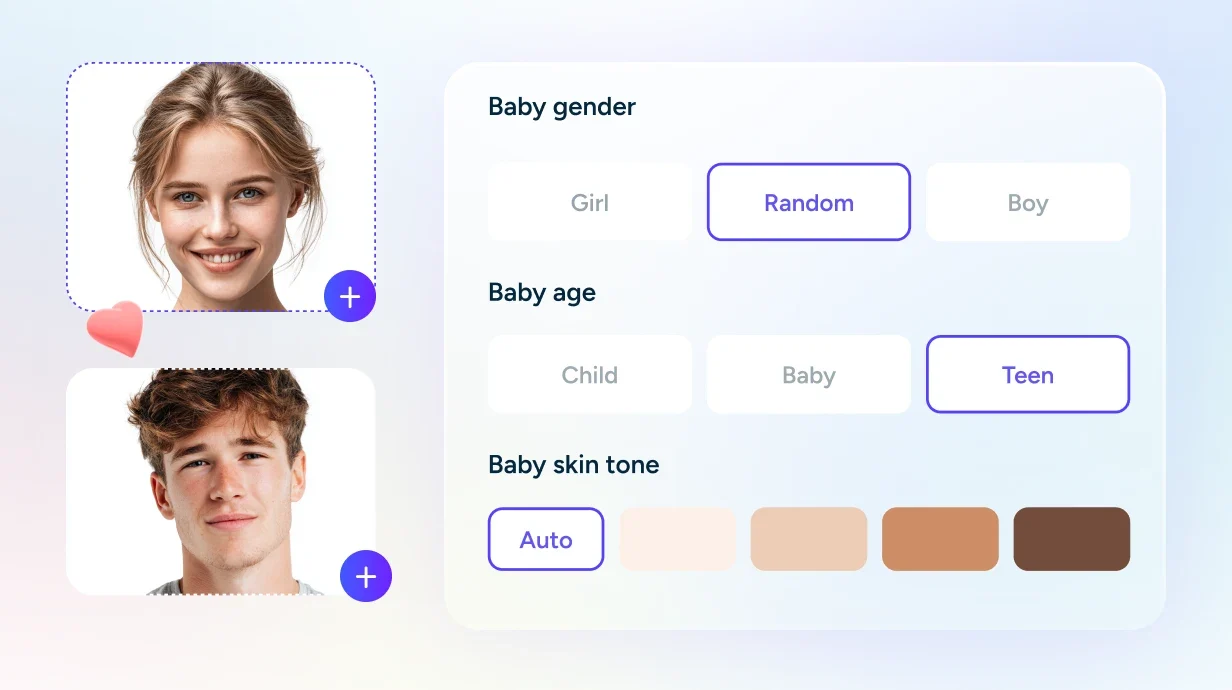 interface de sélection du sexe, de l'âge et du teint du bébé