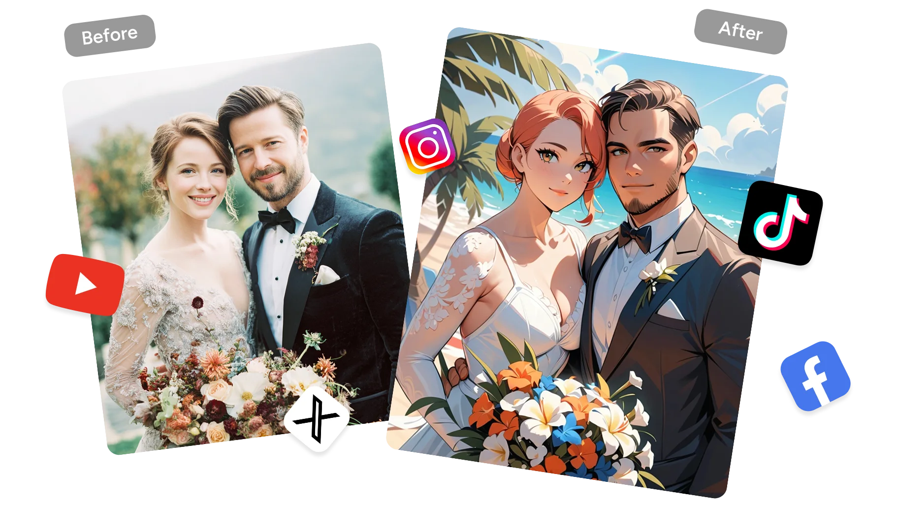 5つのソーシャルプラットフォームアイコンを含むカップルの結婚式の写真に漫画フィルターを追加した前後の効果