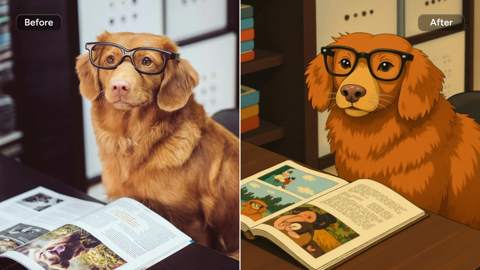 眼鏡をかけた茶色の犬にジブリフィルターを追加した前後の効果