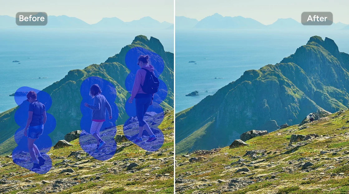 AI Easeオンライン無料オブジェクト除去ツールを使って山の風景写真から3人の人物を削除する