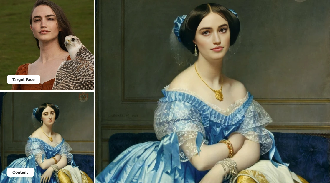 AI EaseオンラインAIフェイススワッパーを使用して、油絵の少女の顔をリアルな女性の顔と交換する