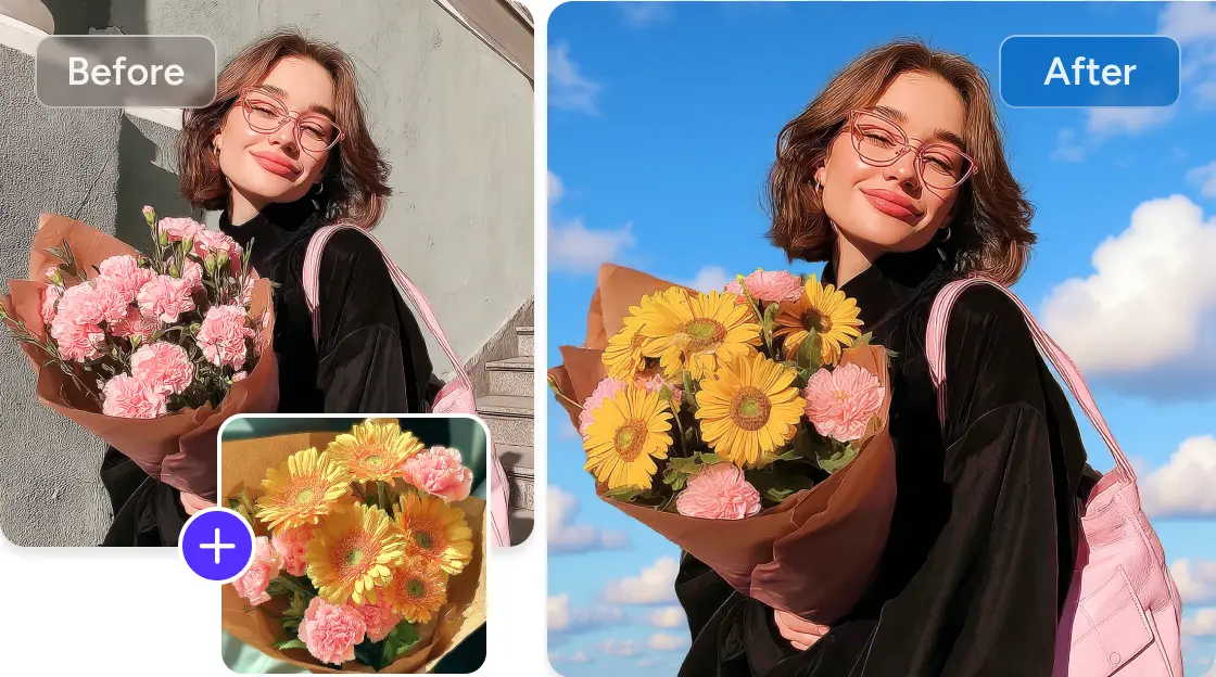 change the girl holding rose flowers image background and replace the rose with sun flowers using Nano Banana AI