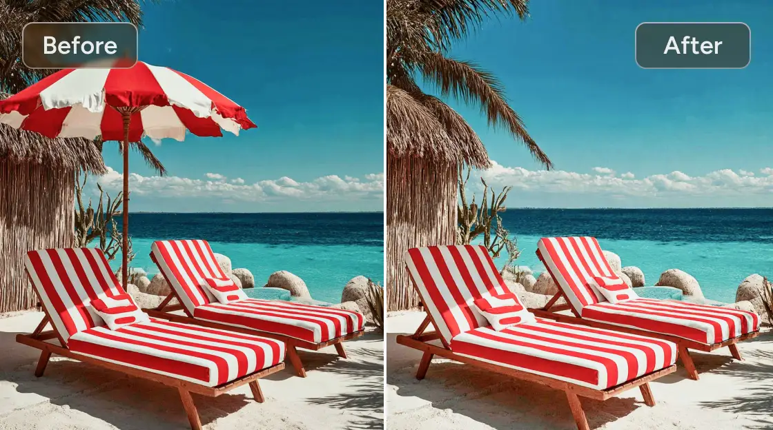remove the sun umbrella from the image using Nano Banana AI