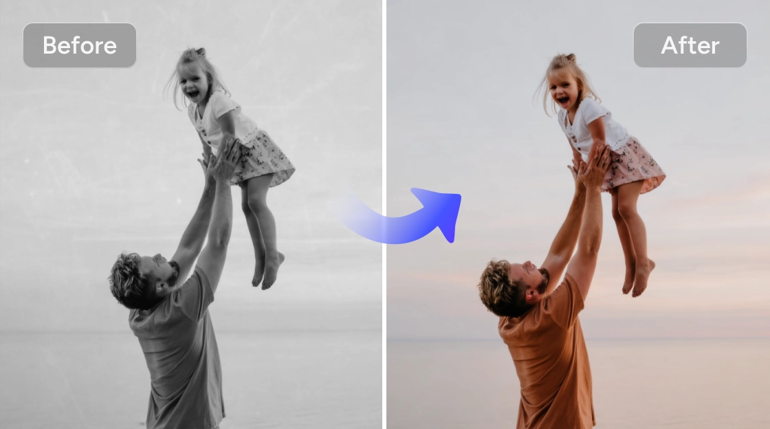 use Nano Banana AI to colorize the black and white image of a father holding his daughter