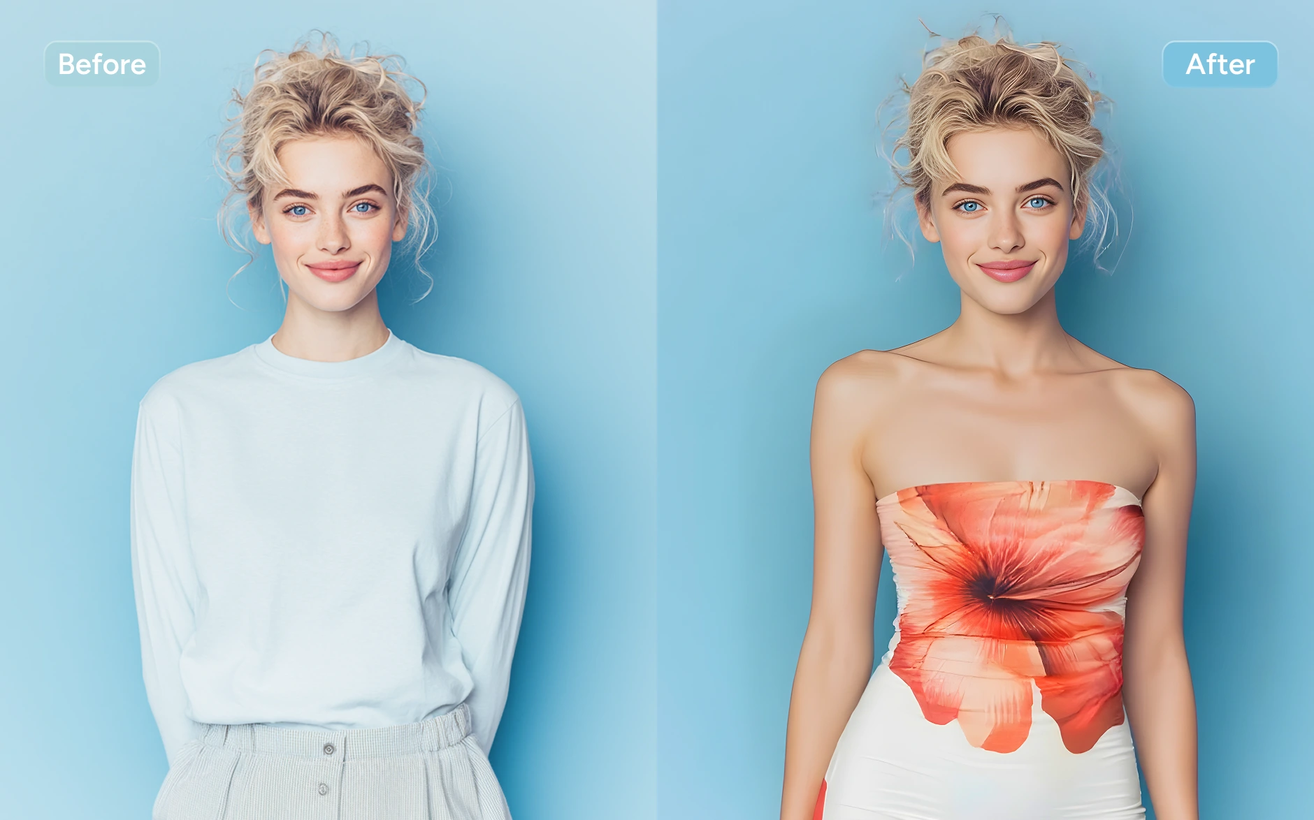 before and after comparison of changing the girl's blue turtleneck sweater into a strapless dress in aiease clothes changer