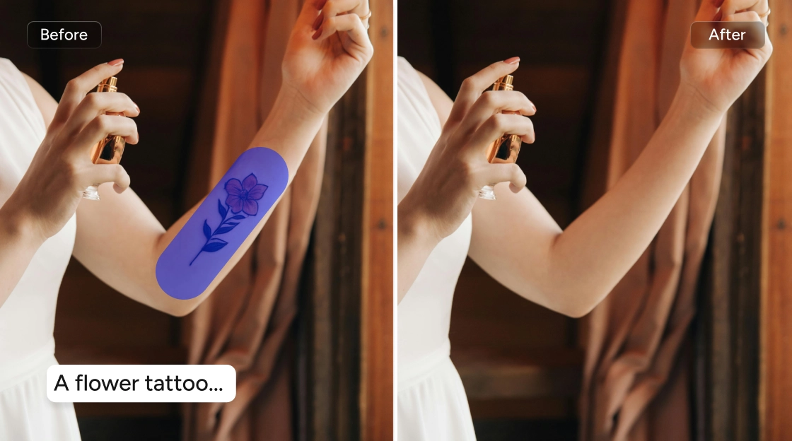 before and after contrast of virtual try on a flower tattoo with a prompt
