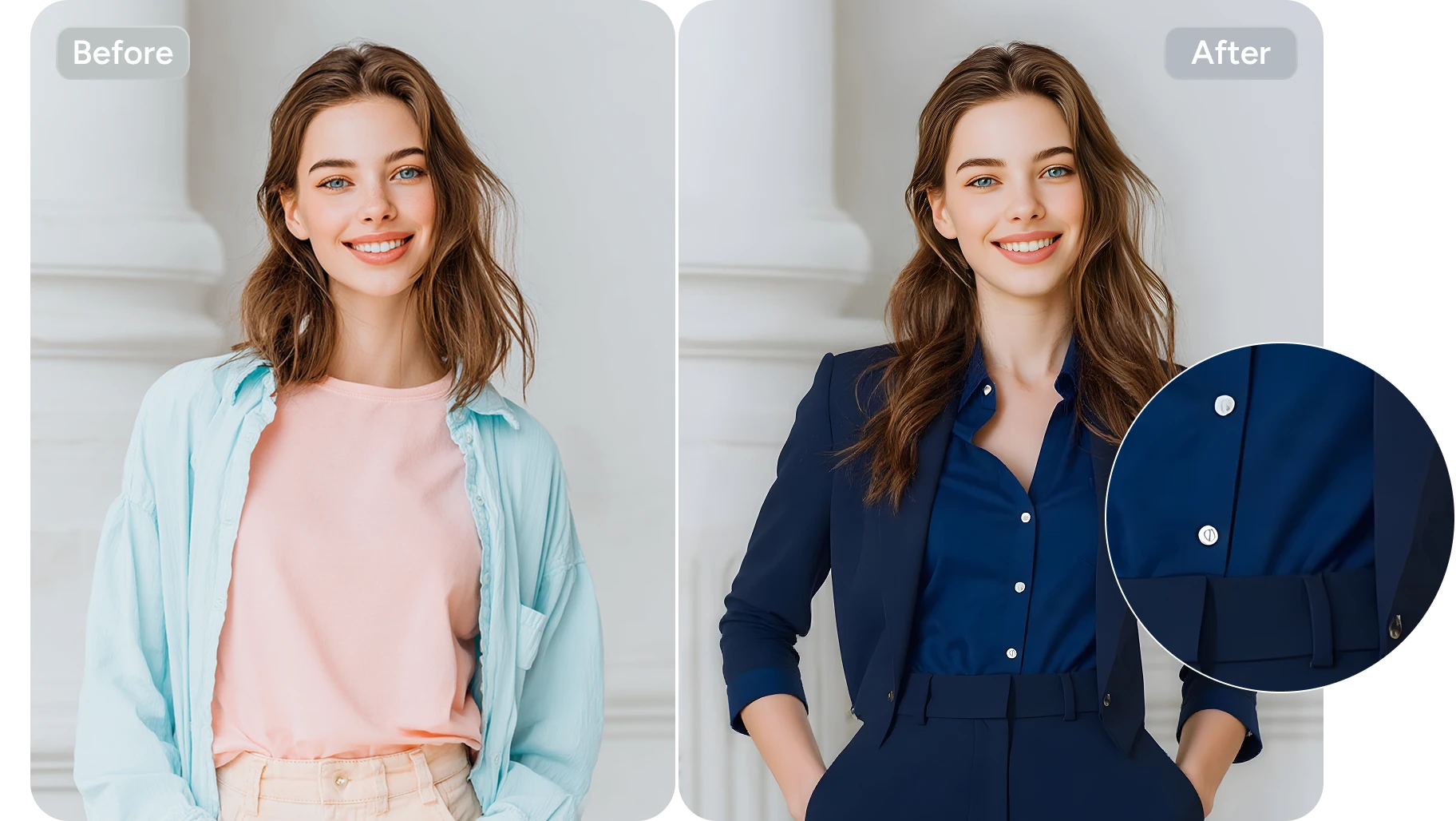 before and after effect of changing the girl's casual clothes into dark blue suit with hd details in aiease clothes changer