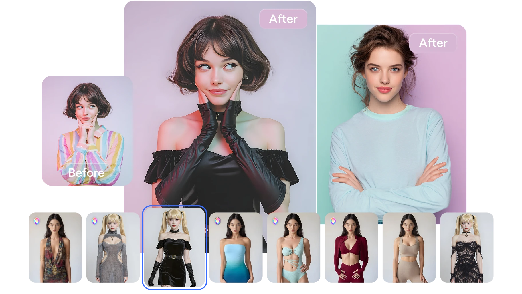 before and after effect of changing the girl's coloful top into black dress and green shirt with a style selection box