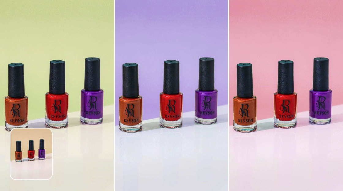 before and after effect of replacing the background with green purple and pink backgrounds