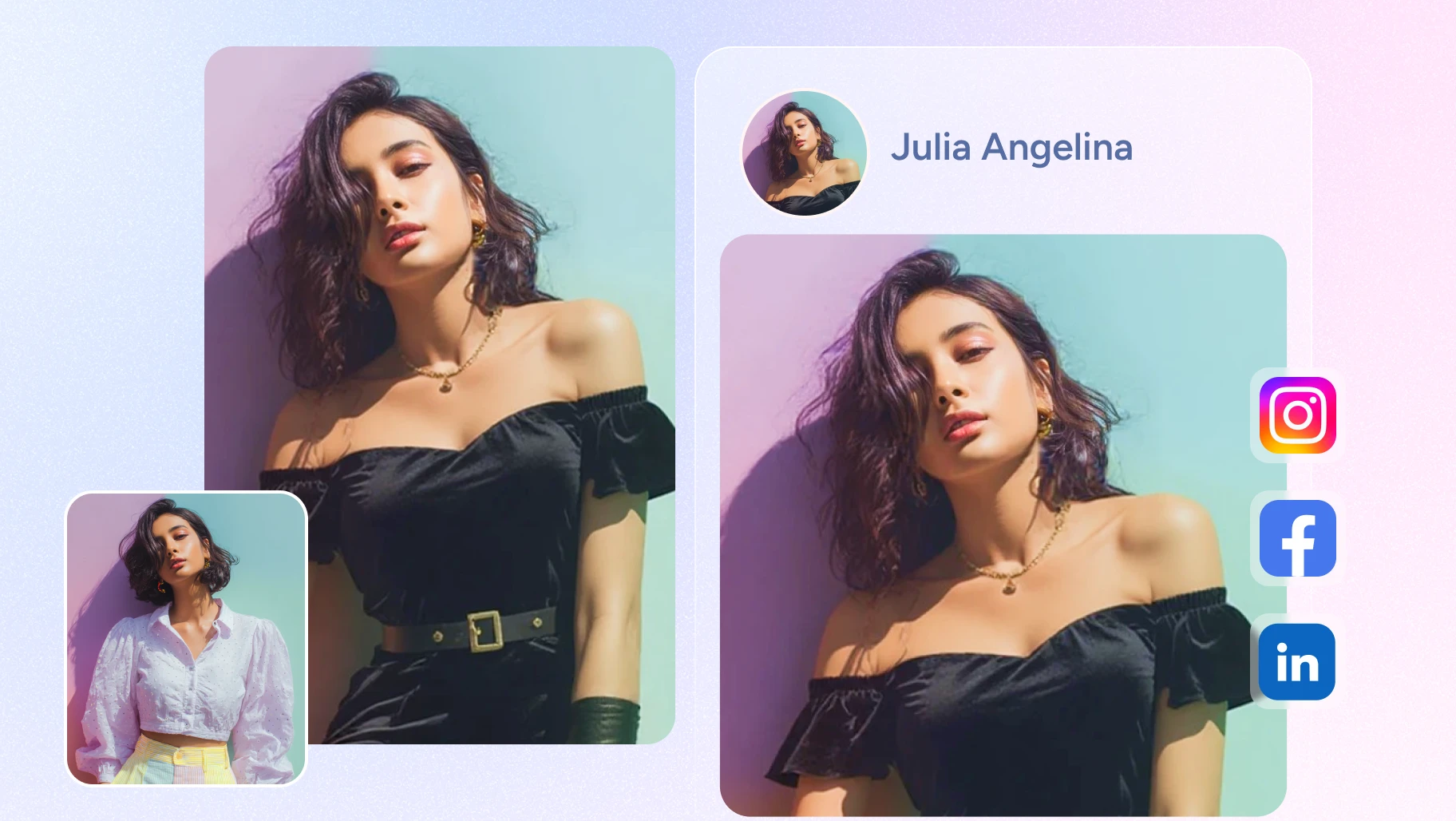 before and after effect of turning the light-colored shirt into a black silk evening gown and posting online with three icons