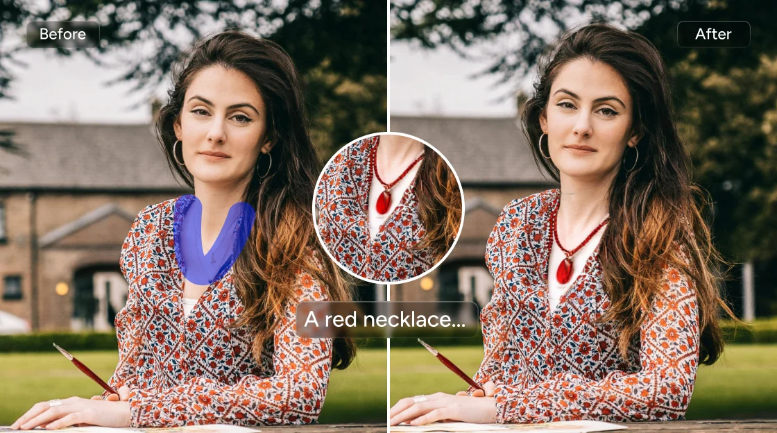 before and after effect of virtual try on a red necklace 