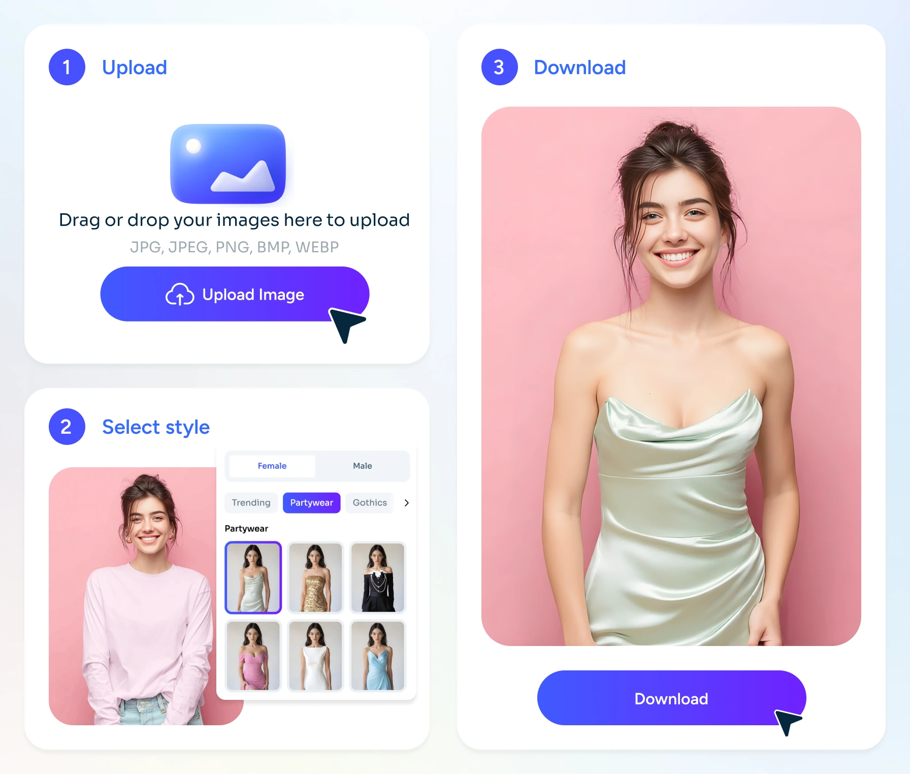steps of uploading selecting style and downloading the result image in aiease clothes changer