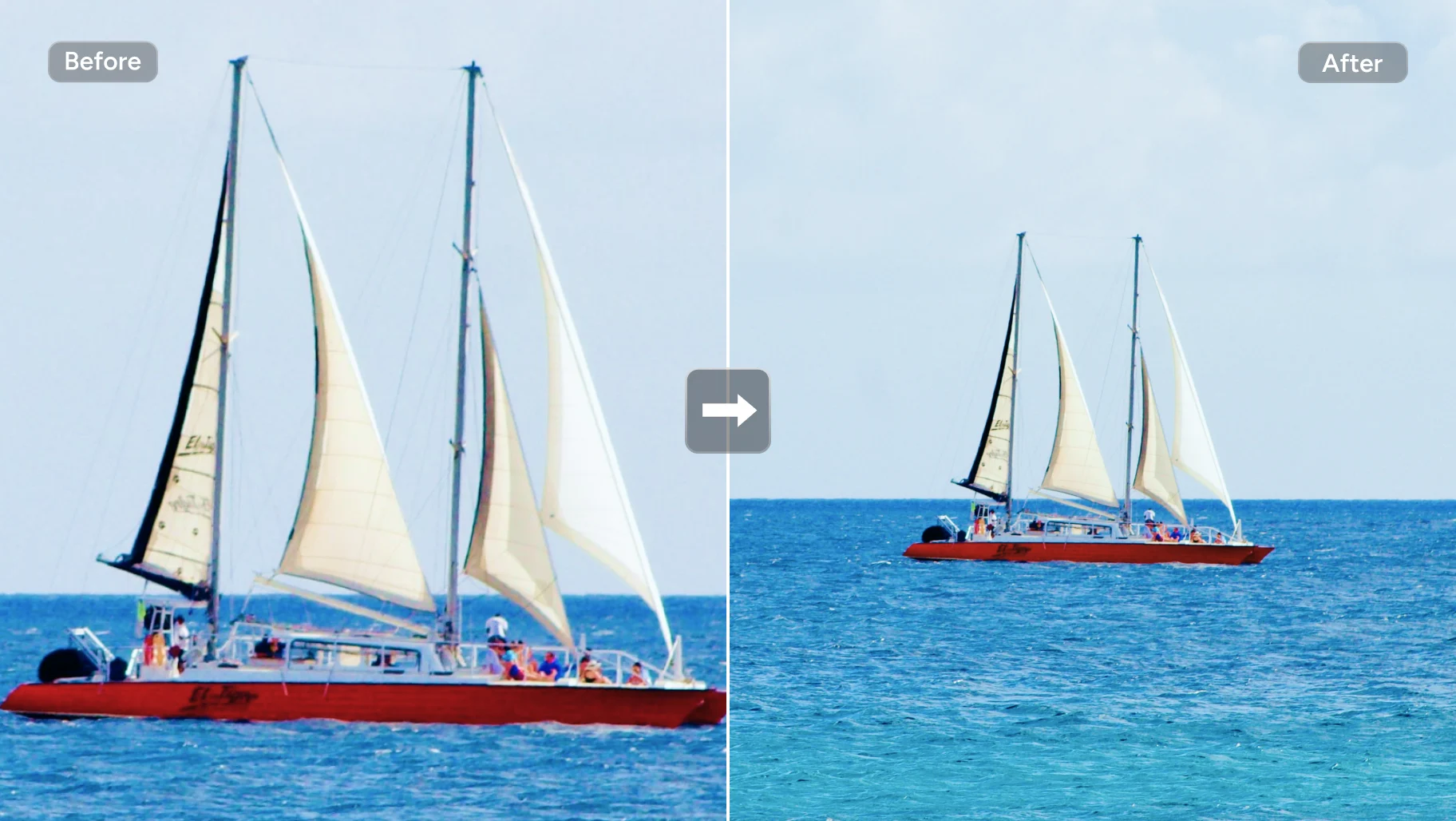 Comparaison avant/après de l'agrandissement d'une image d'un voilier naviguant sur la mer dans AI Ease ai image extender