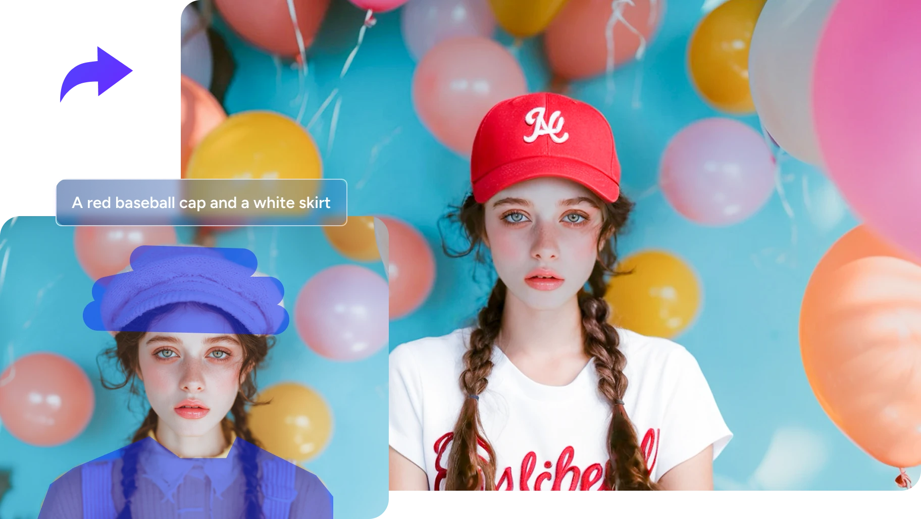 Comparaison avant/après montrant le chapeau et les vêtements d'une fille changés en un chapeau rouge et un t-shirt blanc