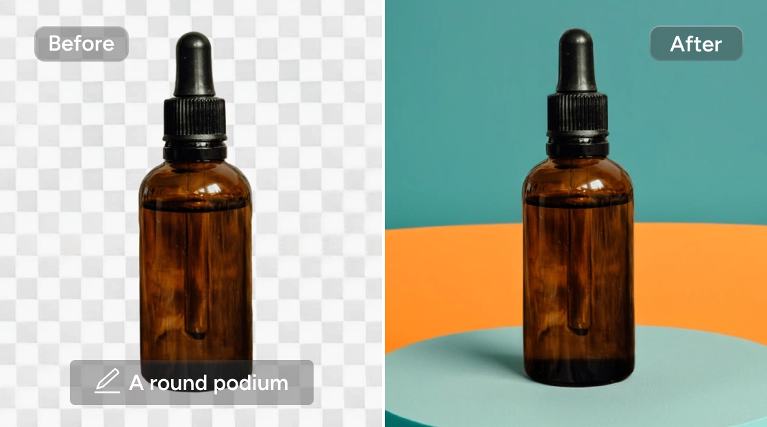 effet avant et après l'ajout d'un arrière-plan IA coloré à une bouteille marron
