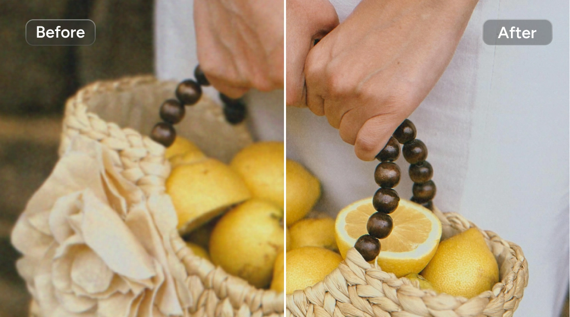 Effet avant/après de l'amélioration de l'image d'une fille portant un sac à main rempli de citrons
