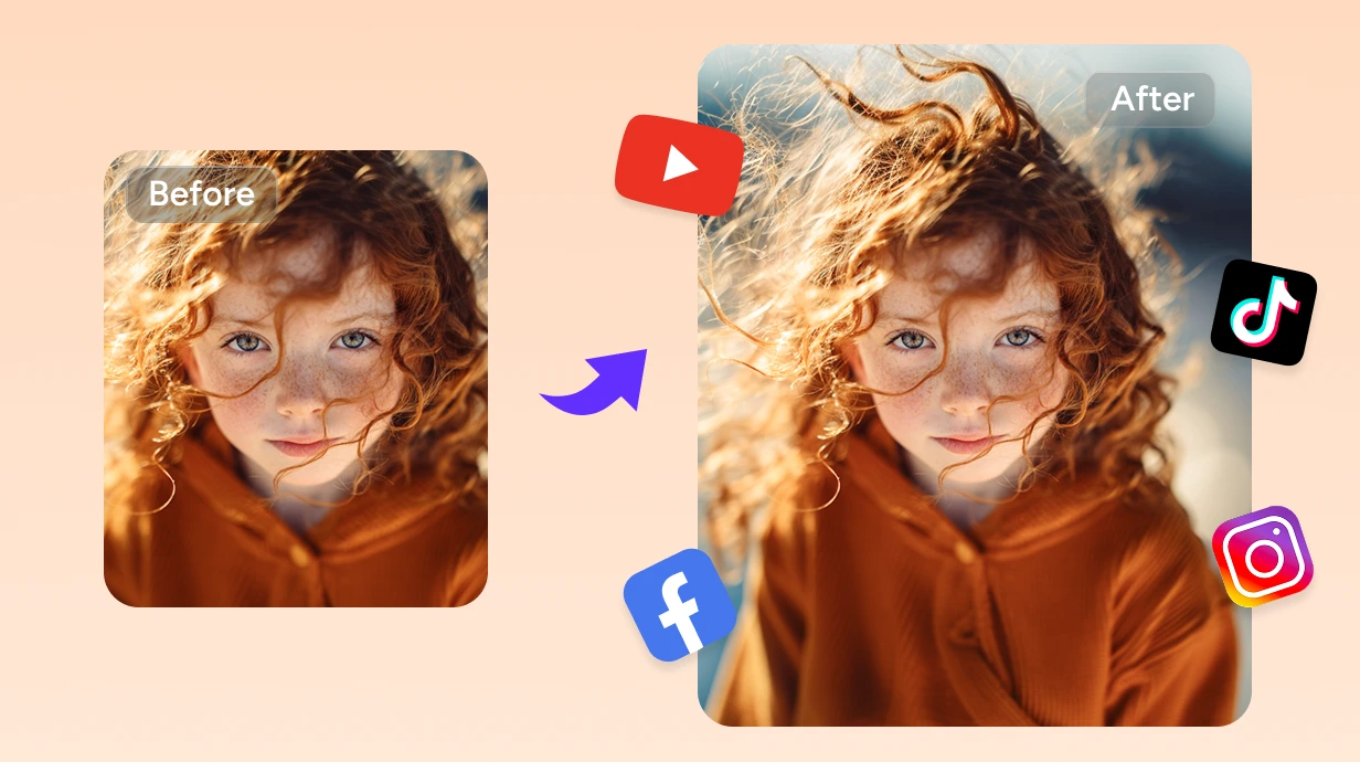 Effet avant/après de l'agrandissement d'un portrait de fille avec les icônes YouTube, Facebook, TikTok et Instagram