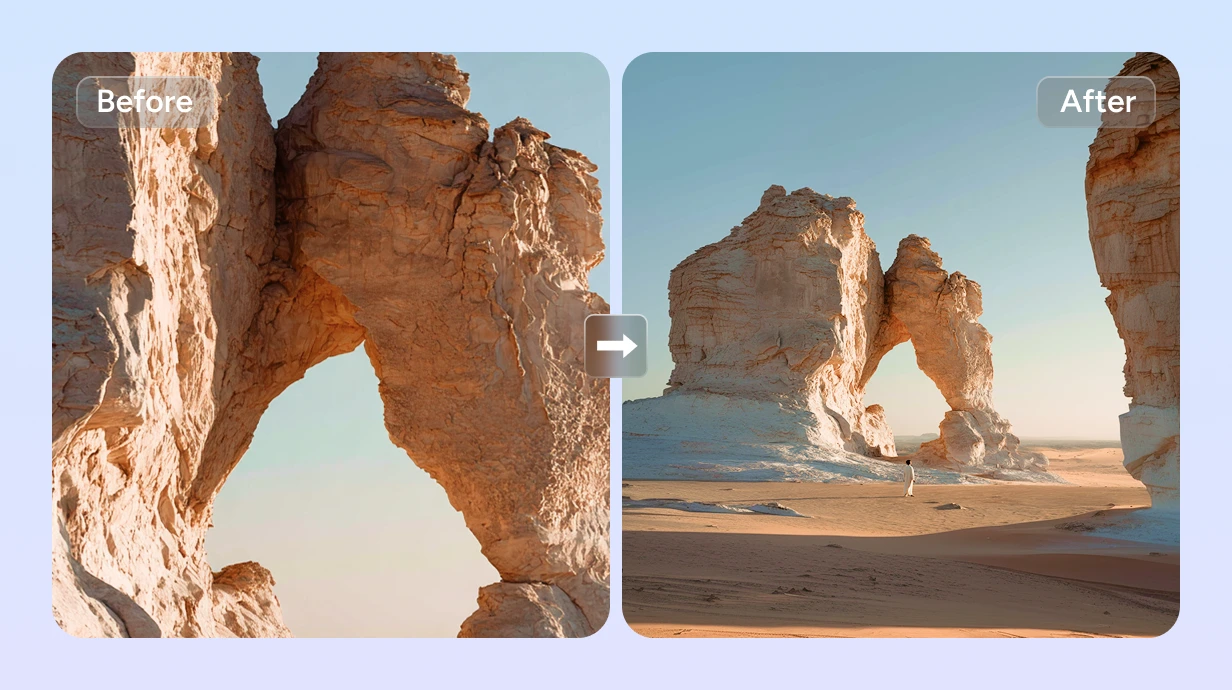 effet avant et après l'agrandissement d'une image d'un paysage désertique avec un énorme rocher