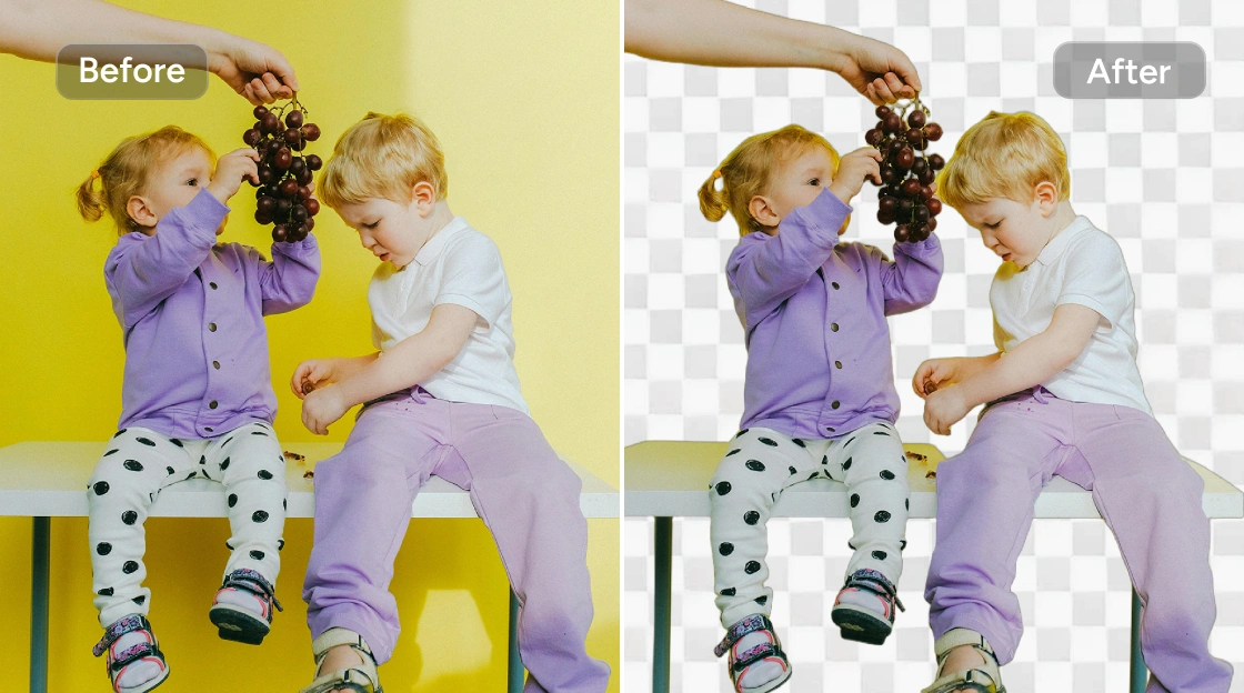 Effet avant et après la suppression de l'arrière-plan de la photo de deux enfants assis ensemble