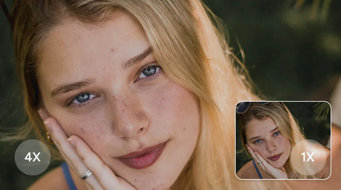 AI Easeの無料AI画像拡大ツールで女性のクローズアップポートレートを4倍に拡大する
