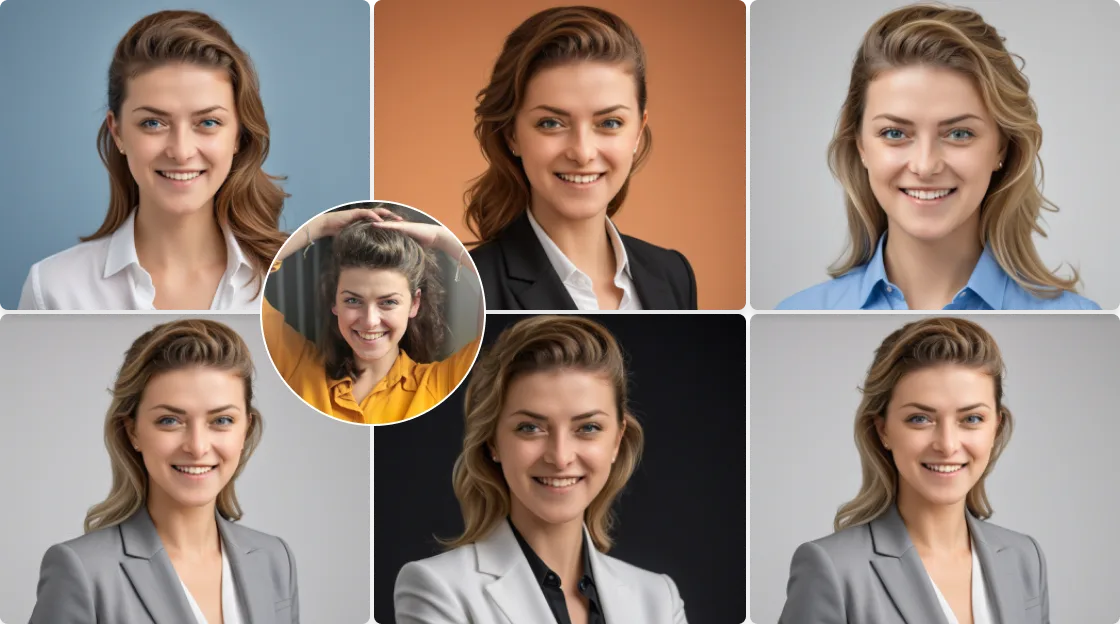 AI Easeの無料AIビジネス写真メーカーで、さまざまなヘアスタイルと服装を試した女性のプロフィール写真を生成する