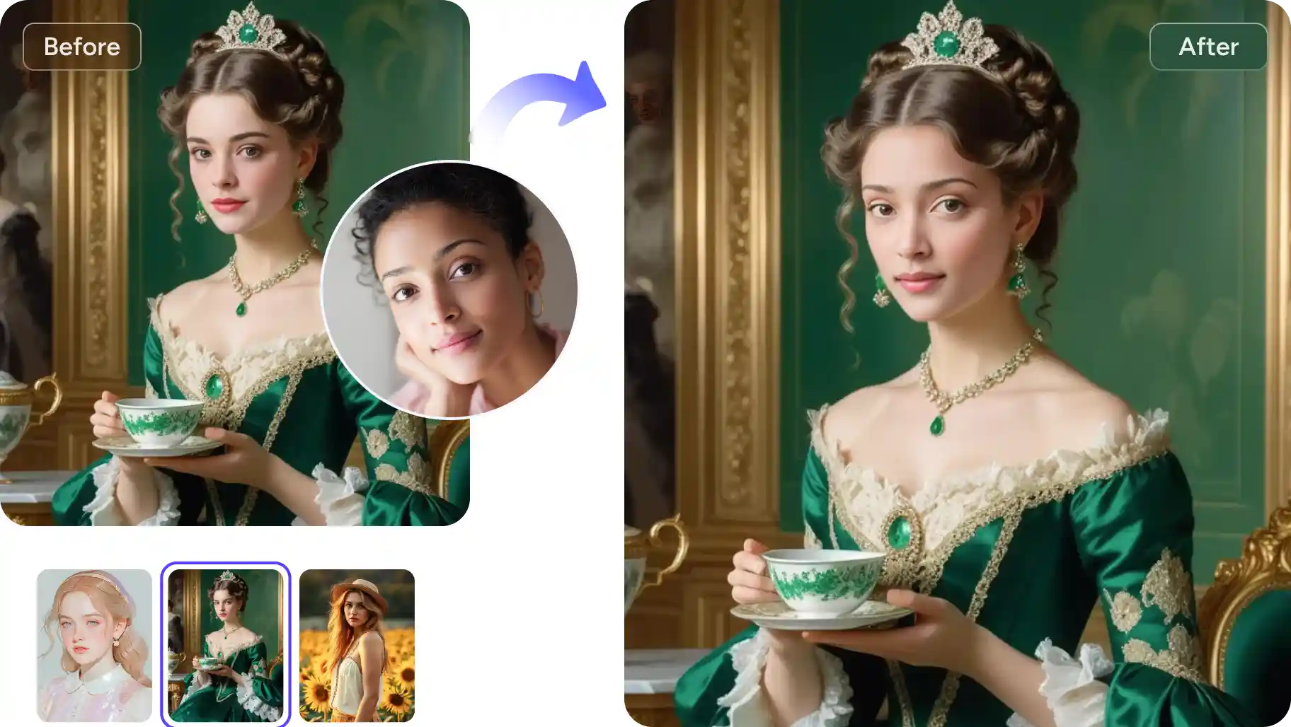AI Easeで女性の顔を油絵のプリンセスの顔と交換した前後の効果