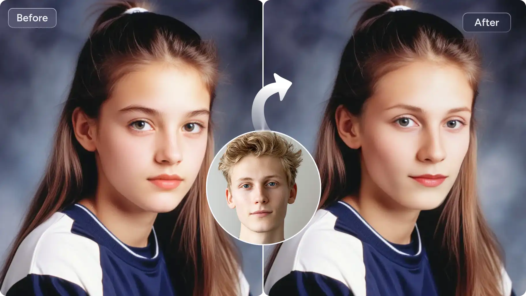 AI Easeの無料AI顔交換ツールで、卒業アルバムの女の子の顔と男の子の顔を交換する前後の画像