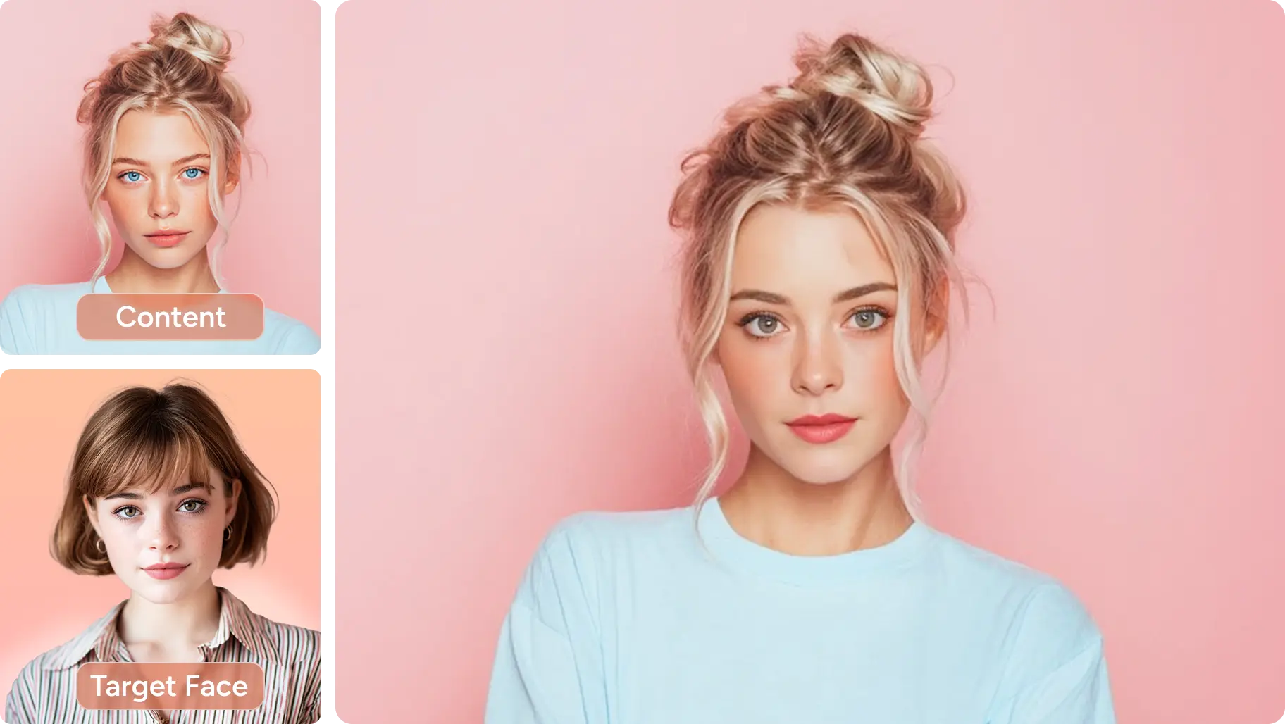 AI Easeのヘッドスワップテンプレートを使って女性の顔を変える前後の効果
