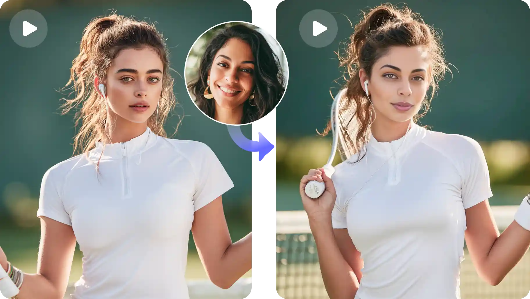 AI Easeの動画顔交換機能を使ってビデオ内の女性の顔を入れ替えた前後の画像