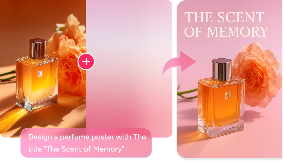 combine a perfume product image with a pink background to design a perfume poster