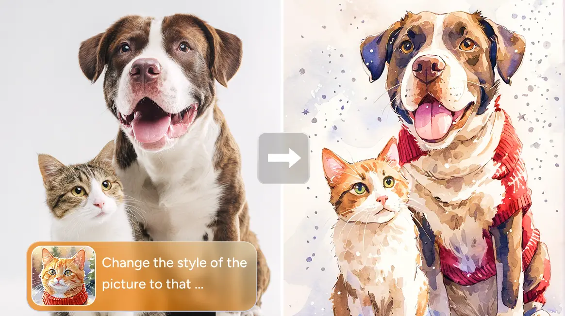ask Flux Kontext AI to transfer the cartoon style to the puppy and cat image