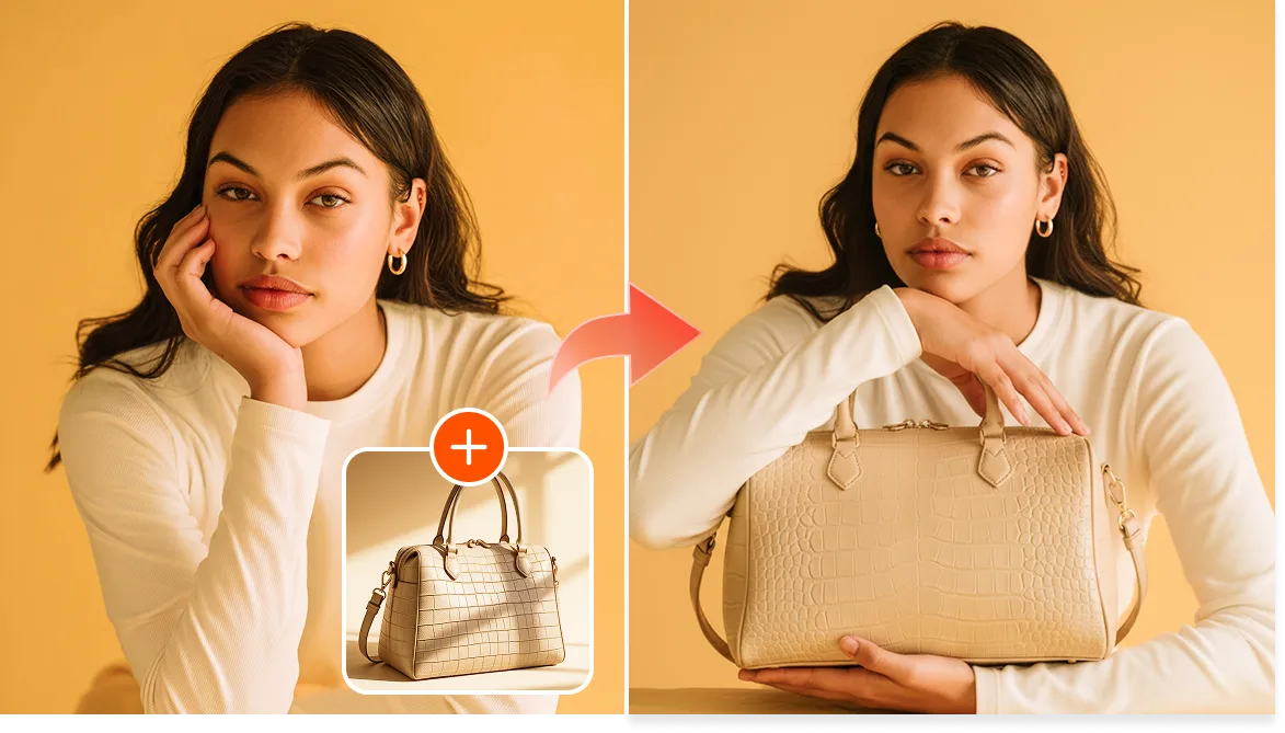 use Flux Kontext AI to composite AI female model holding the bag product image