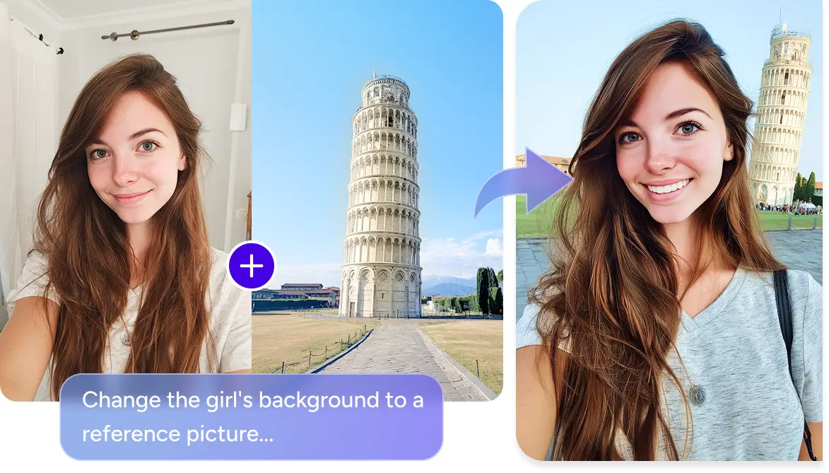 use Flux Kontext AI to composite a AI travel image with a selfie and a landscape image
