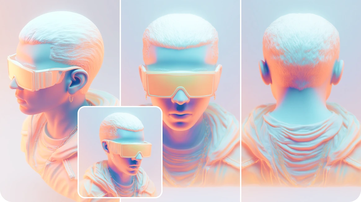use Flux Kontext AI to generate three views of a futuristic sculpture