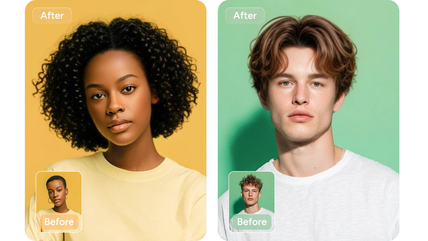 efeito de antes e depois de mudar os penteados femininos e masculinos em fotos com o simulador de corte de cabelo online do AI Ease