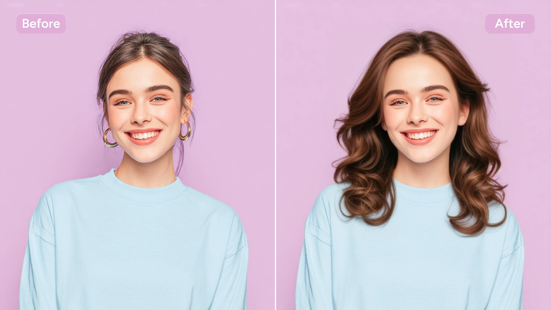 mudar o penteado de uma mulher com uma hoodie azul para cabelo longo, ondulado e cacheado no simulador de corte de cabelo online do AI Ease