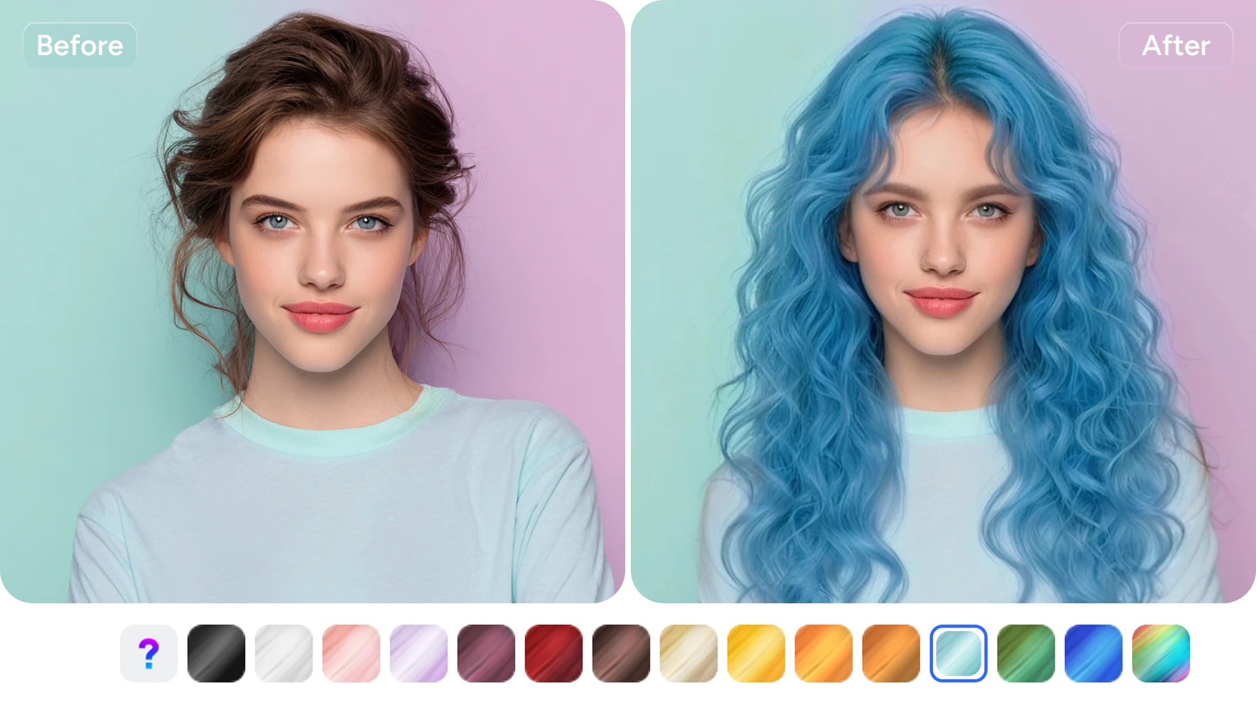 mudar e personalizar o penteado feminino para cabelo longo e cacheado azul no AI Ease