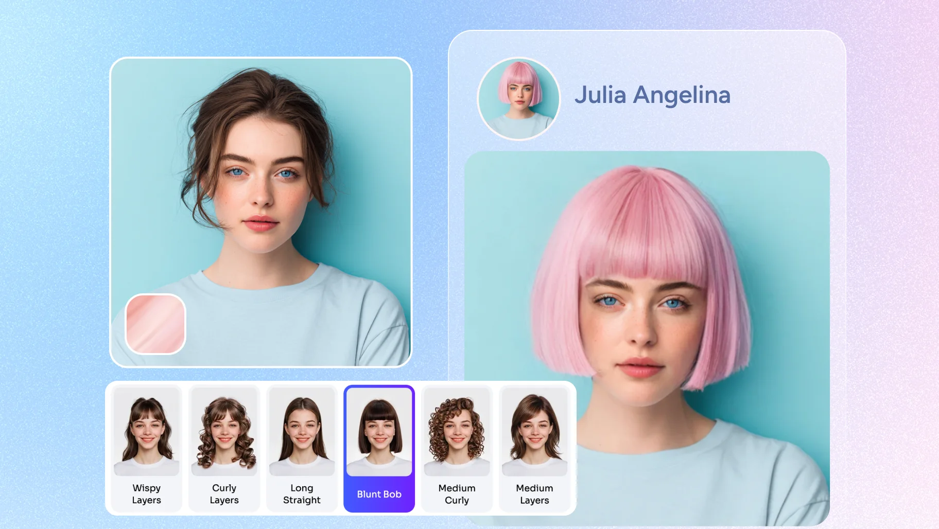 mudar o penteado feminino para um corte bob rosa no AI Ease e compartilhar online