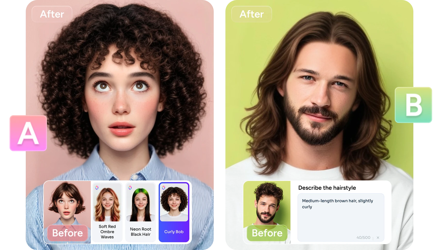 mudar penteados masculinos e femininos em fotos com modelos de penteado e modo personalizado no AI Ease