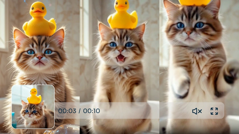 une vidéo IA d'un mignon chat dansant tenant un canard jaune