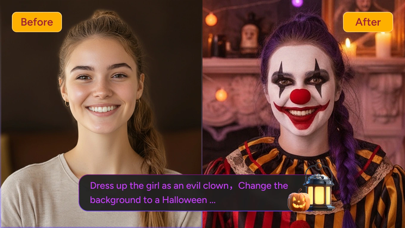 Comparaison avant/après de la transformation d'un portrait de fille souriante en clown maléfique dans AI Ease