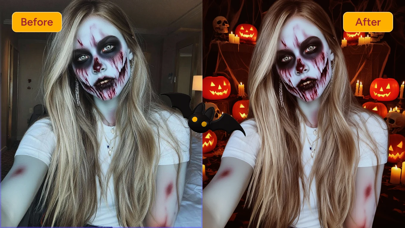 effet avant et après l'ajout d'un maquillage de zombie effrayant à un portrait de femme et le changement de l'arrière-plan en lanterne de citrouille