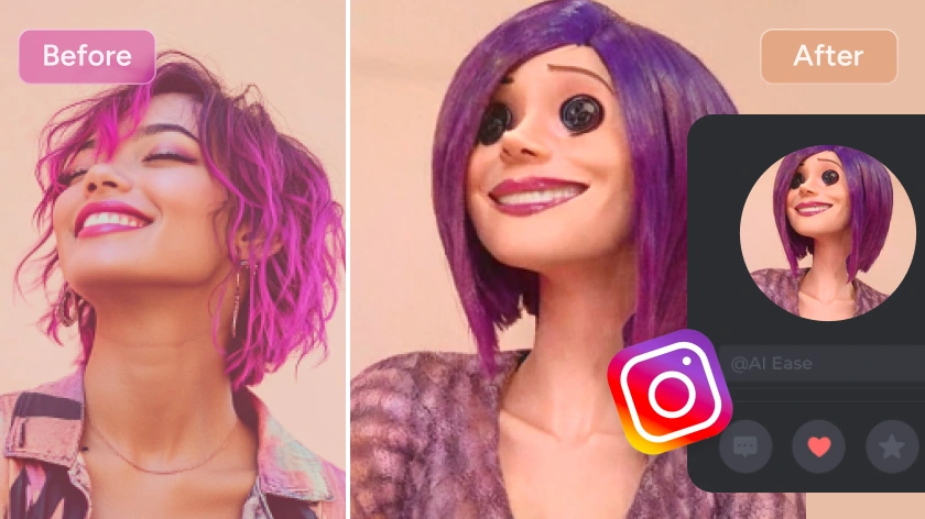 avant et après l'application du filtre caroline à un portrait de fille aux cheveux violets et son partage en ligne