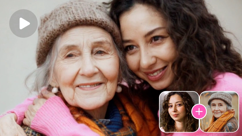avant et après l'effet de la combinaison de l'image d'une fille et d'une femme âgée et de leur étreinte mutuelle
