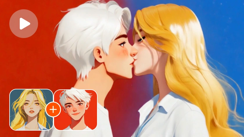 Effet avant et après la combinaison de deux personnages d'anime pour créer une vidéo de baisers d'IA