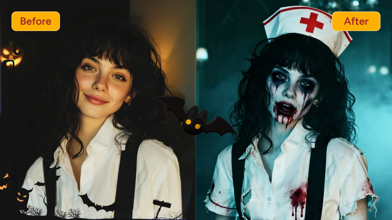 avant et après la transformation d'un portrait de fille en une sinistre infirmière d'Halloween