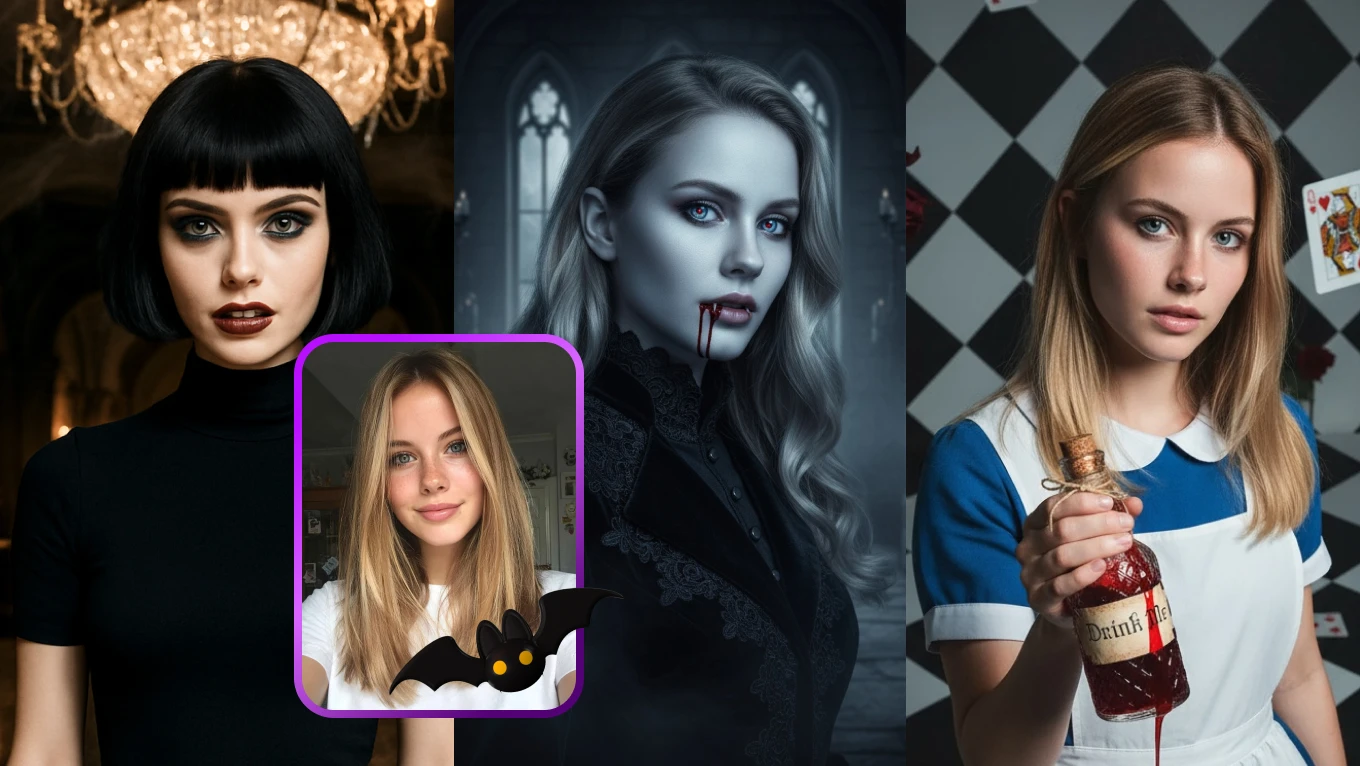 avant et après l'effet de transformation de la fille en trois personnages d'Halloween différents avec AI Ease Halloween filter templates
